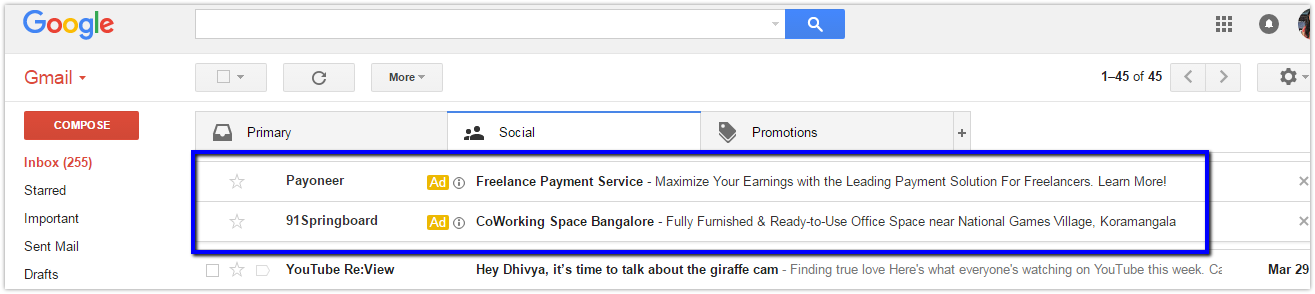 Adwords ads in gmail